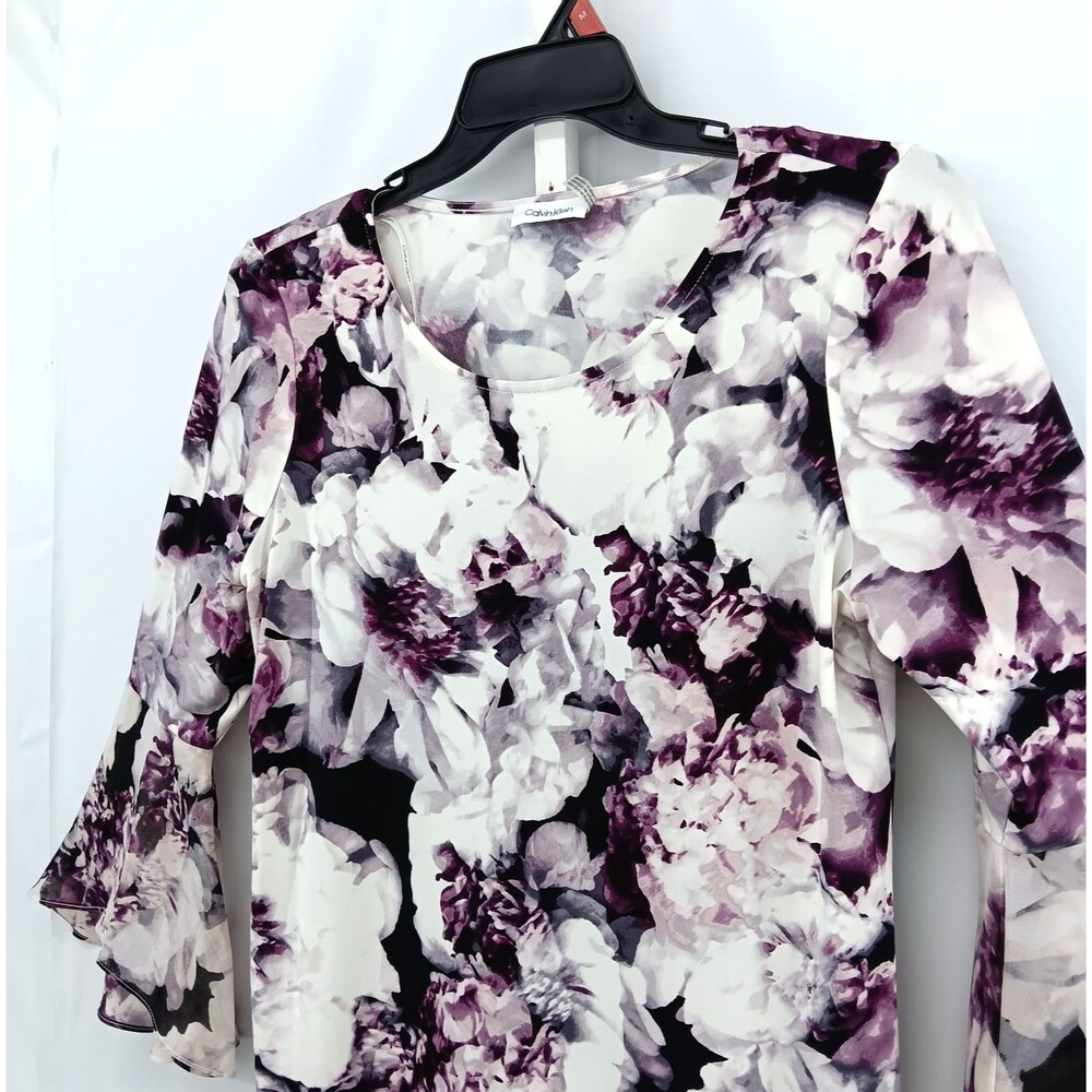 Calvin Klein Blouse Womens Large White Purple Floral Bell Sleeve Round Neck Top - Picture 2 of 6